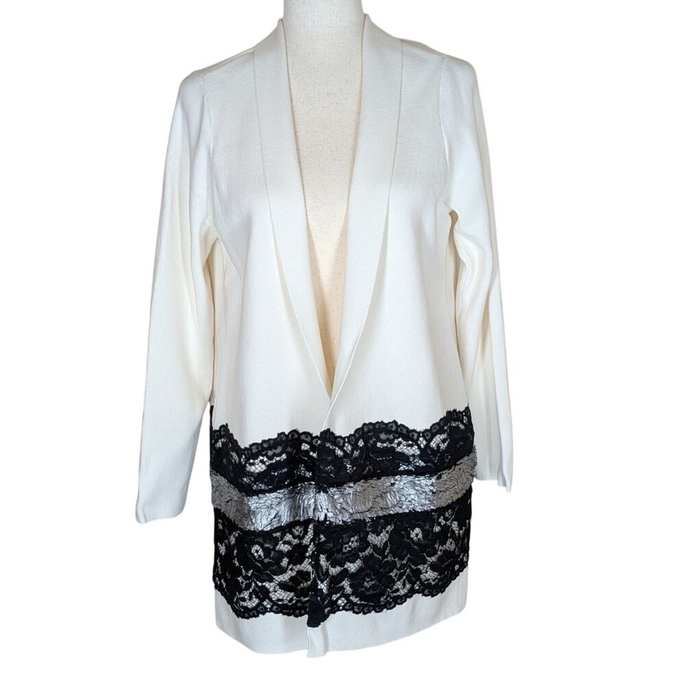 Chicos Lace Drama Cardigan Sweater Sz 2 US Large Black White Long Sleeve Shimmer